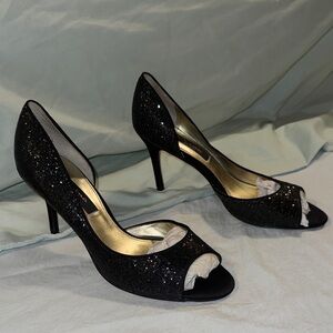 Nina Black Sparkle Peep-Toe Heels
